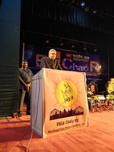 West Bengal governor, Shri Jagdeep Dhankhar speaking after inauguration of the 9th state-level philatelic exhibition named “Ekla Chalo Re", organized by West Bengal Postal Circle at Academy of Fine Arts in Kolkata on November, 16, 2019.
