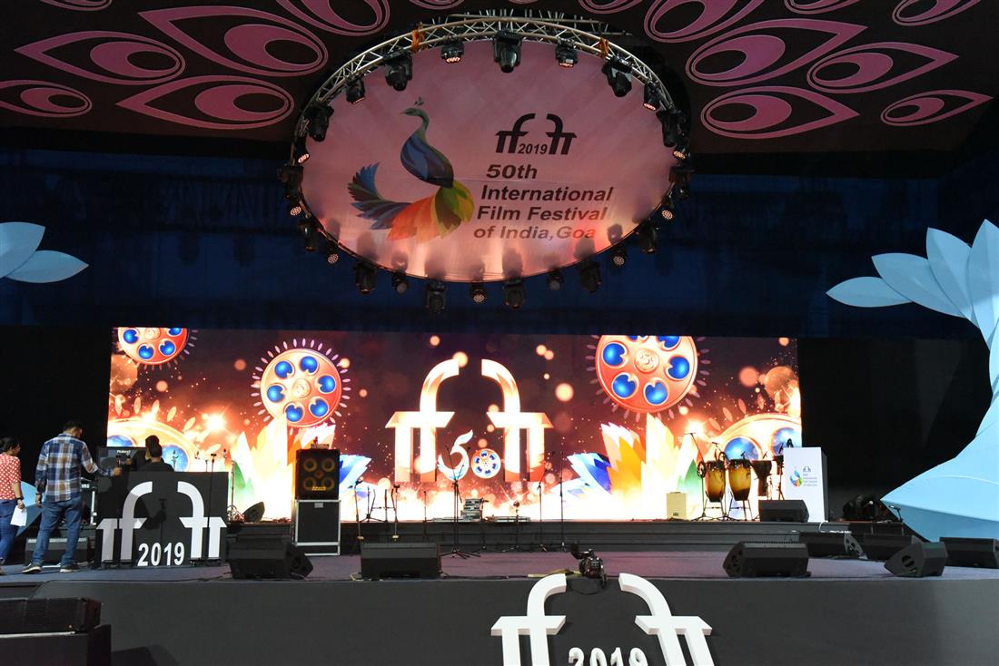 Venue gearing up for the inaugural ceremony of Golden Jubilee edition of International Film Festival of India (IFFI-2019) in Goa on November 19, 2019.