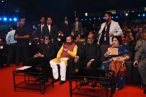 The Minister for Information & Broadcasting, Shri Prakash Javadekar along with Superstar, Shri Amitabh Bachchan and Rajinikanth at the inauguration of Golden Jubilee edition of International Film Festival of India (IFFI-2019) in Goa on November 20, 2019.