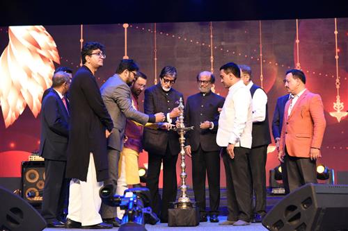 The Minister for Information & Broadcasting, Shri Prakash Javadekar lighting the lamp at the inauguration of Golden Jubilee edition of International Film Festival of India (IFFI-2019) in Goa on November 20, 2019. MoS for Environment, Forest & Climate Change, Shri Babul Supriyo, Secretary, Ministry of Information & Broadcasting, Shri Amit Khare, Superstar, Shri Amitabh Bachchan, Rajinikanth and other dignitaries are also seen.