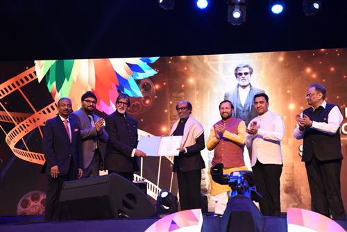 Veteran cinestar Shri Rajinikanth being awarded with ‘Icon of Golden Jubilee of IFFI’ at the inauguration of 50th edition of International Film Festival of India (IFFI-2019) in Goa on November 20, 2019.