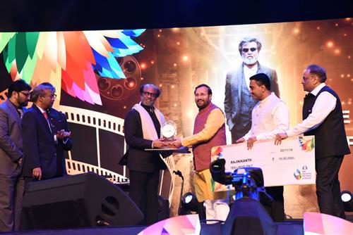 Veteran cinestar Shri Rajinikanth being awarded with ‘Icon of Golden Jubilee of IFFI’ at the inauguration of 50th edition of International Film Festival of India (IFFI-2019) in Goa on November 20, 2019.