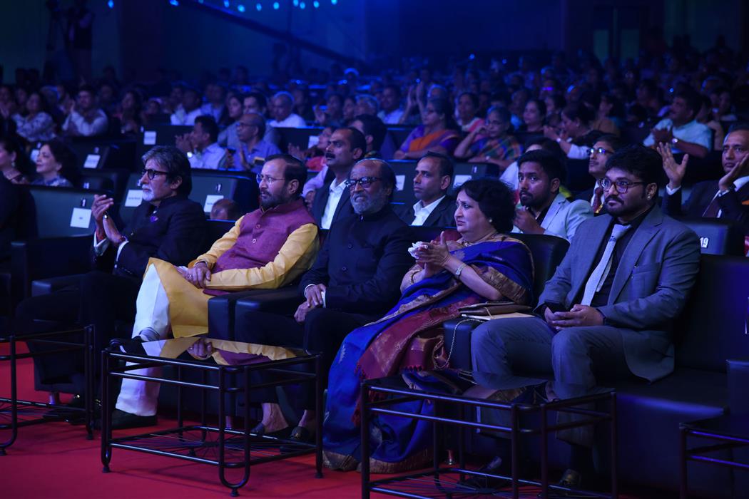 The Minister for Information & Broadcasting, Shri Prakash Javadekar along with MoS for Environment, Forest & Climate Change, Shri Babul Supriyo,Superstar Shri Amitabh Bachchan and Rajinikanthat the inauguration of Golden Jubilee edition of International Film Festival of India (IFFI-2019) in Goa on November 20, 2019.