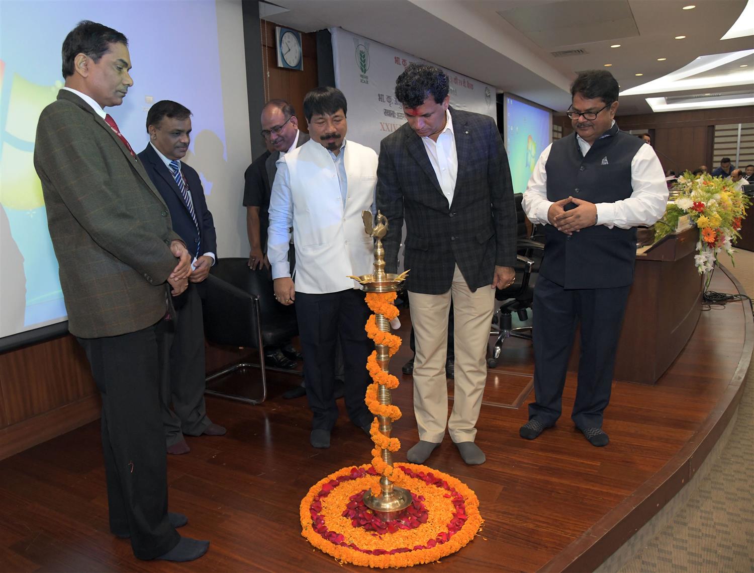 Shri Kailash Choudhary, Union Minister of State for Agriculture & Farmers Welfare, lighting  the lamp to inaugurate 24th Regional Committee Zone III  meeting of Indian Council of Agricultural  Research at Guwahati on 23rd November 2019 organized by Indian Council of Agricultural  Research Shillong. Shri Atul Bora, Minister of Agriculture & Horticulture, Government of Assam, Dr. R C  Agrawal ,DDG,RCM, Dr.T Mohapatra, Secretary, DARE  & DG, ICAR are also seen in the picture.