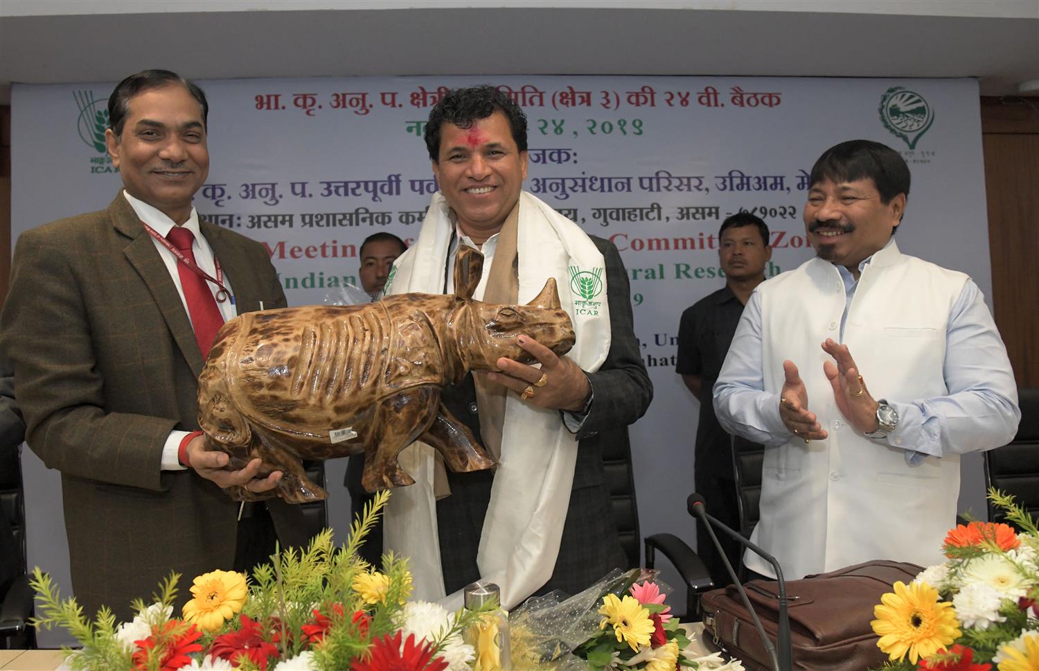 Shri Kailash Choudhary, Union Minister of State for Agriculture & Farmers is being welcome by Dr.T Mohapatra, Secretary, DARE &DG, and ICAR at 24th Regional Committee Zone III meeting of Indian Council of Agricultural Research at Guwahati on 23rd November 2019 organized by Indian Council of Agricultural Research Shillong. Shri Atul Bora, Minister of Agriculture & Horticulture Government of Assam, also seen in the picture.