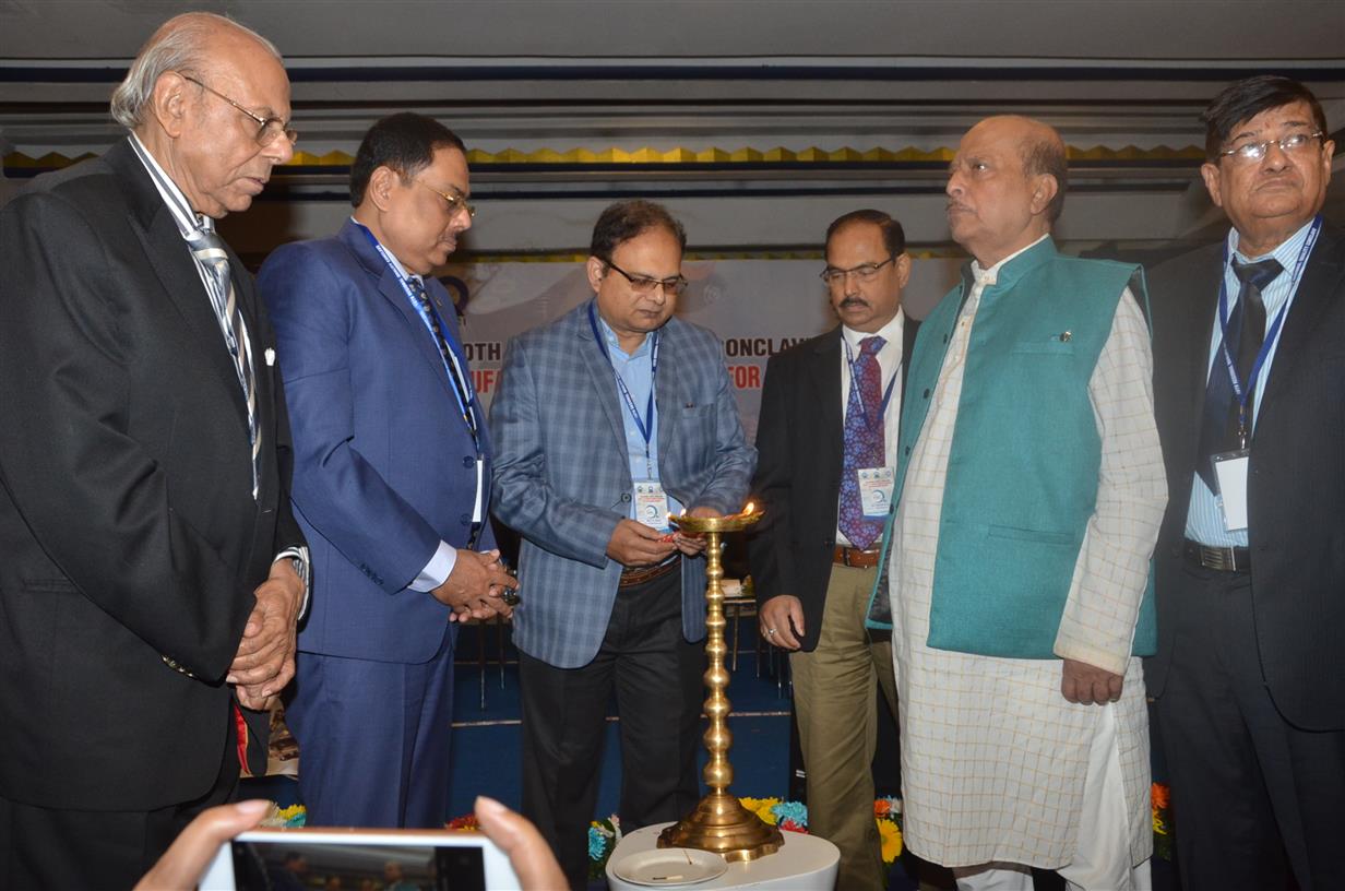 Shri C.K.Biswas, CEO, National Board of Quality Promotion (NBQP), Quality Council of Inida (QCI) lighting the lamp to inaugurate the 10th Regional Quality Conclave (RQC) organized jointly by Quality
Council of India (QCI) and Federation of Small and Medium Industries (FOSMI), West Bengal in Kolkata on November, 29, 2019. Shri Sadhan Pande, Minister-in- charge, Consumer Affairs and Self Help Group, Government of West Bengal Shri Biswanath Bhattacharya, President, Federation of Small and Medium Industries (FOSMI), West Bengal.