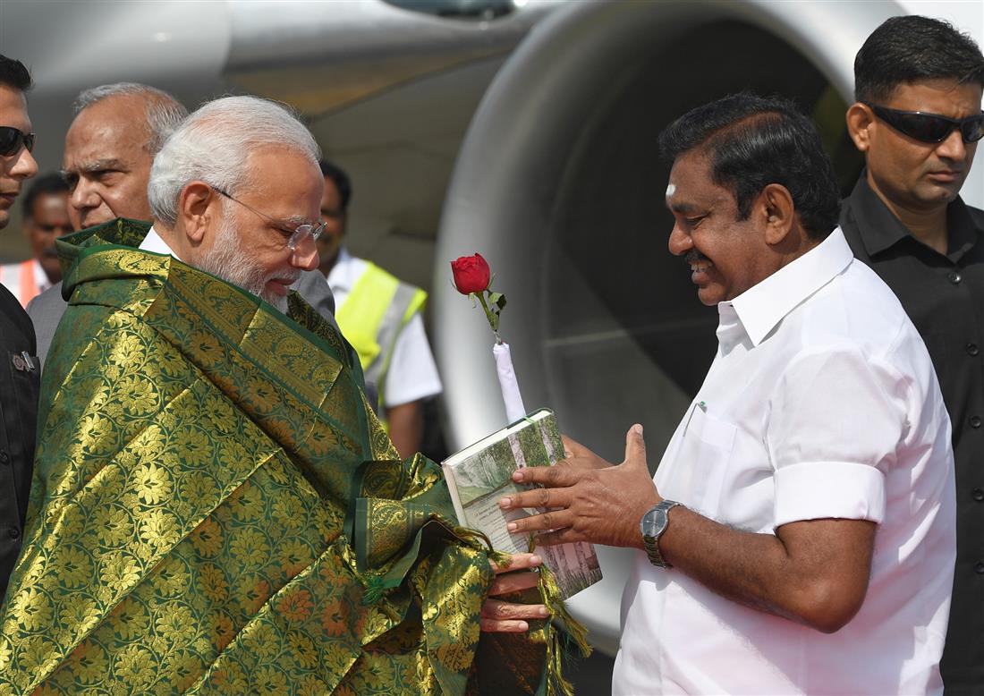 The Prime Minister, Shri Narendra Modi being welcomed by the Chief Minister of Tamil Nadu, Shri Edappadi K. Palaniswami, on his arrival, in Chennai, Tamil Nadu on September 30, 2019.