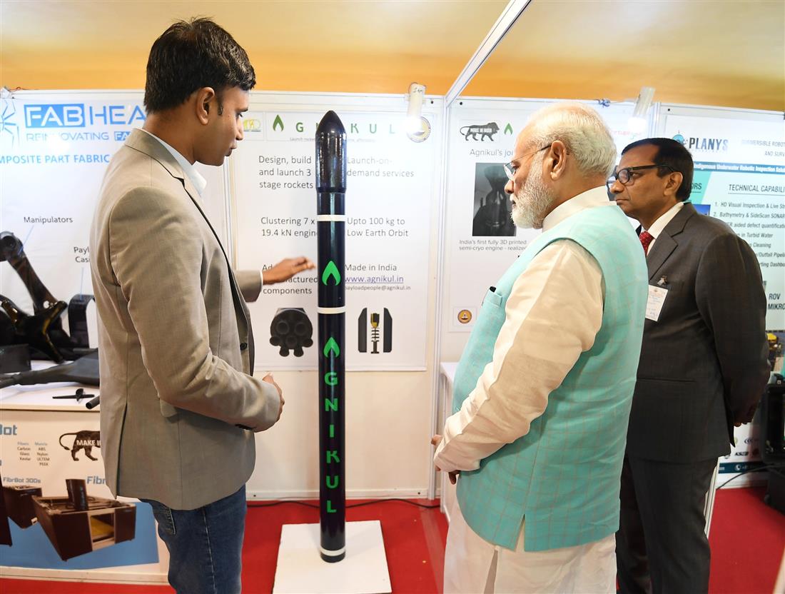 The Prime Minister, Shri Narendra Modi visiting an exhibition at the Singapore India Hackathon 2019, at IIT Madras, in Chennai on September 30, 2019.