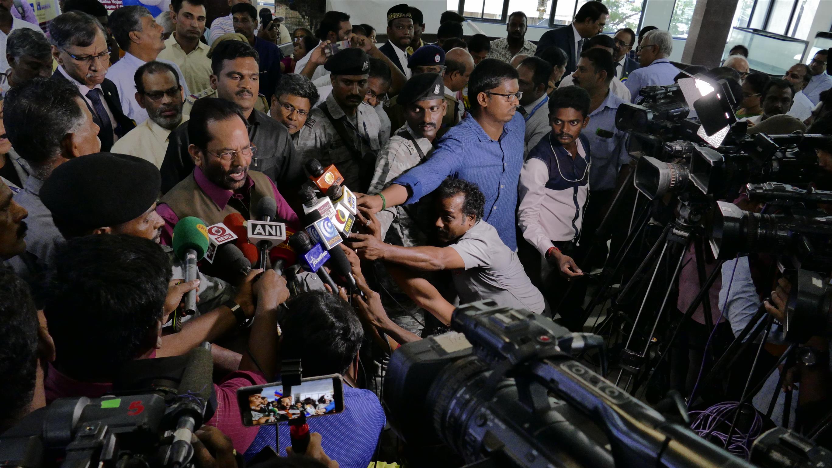 Shri. Mukhtar Abbas Naqvi, Union Minister for Minority Affairs  interacting with media on the sidelines of the Customers Outreach Initiative Programme organised by the Indian Overseas Bank, today, at Chennai. (October 5, 2019)