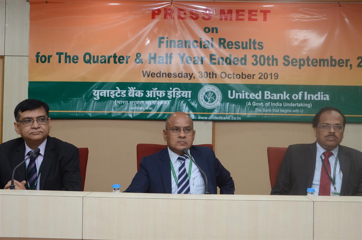 Ashok Kr. Pradhan, Managing Director & CEO, UBI at a press meet along with other officials on Financial Results Qr.2 F.Y. 2019-20 at Kolkata on October 30, 2019.