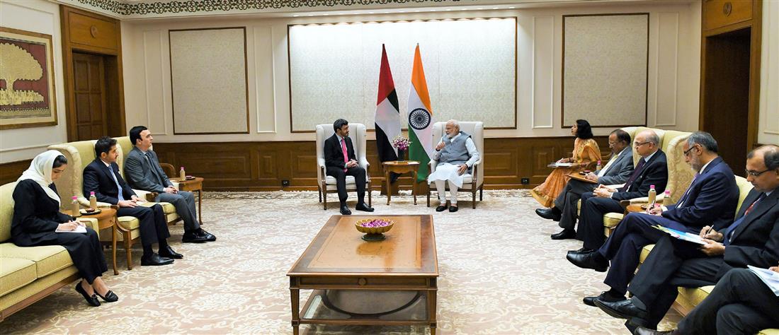 The Minister of Foreign Affairs and International Cooperation of UAE, Sheikh Abdullah Bin Zayed Al Nahyan meeting the Prime Minister, Shri Narendra Modi, in New Delhi on July 09, 2019.