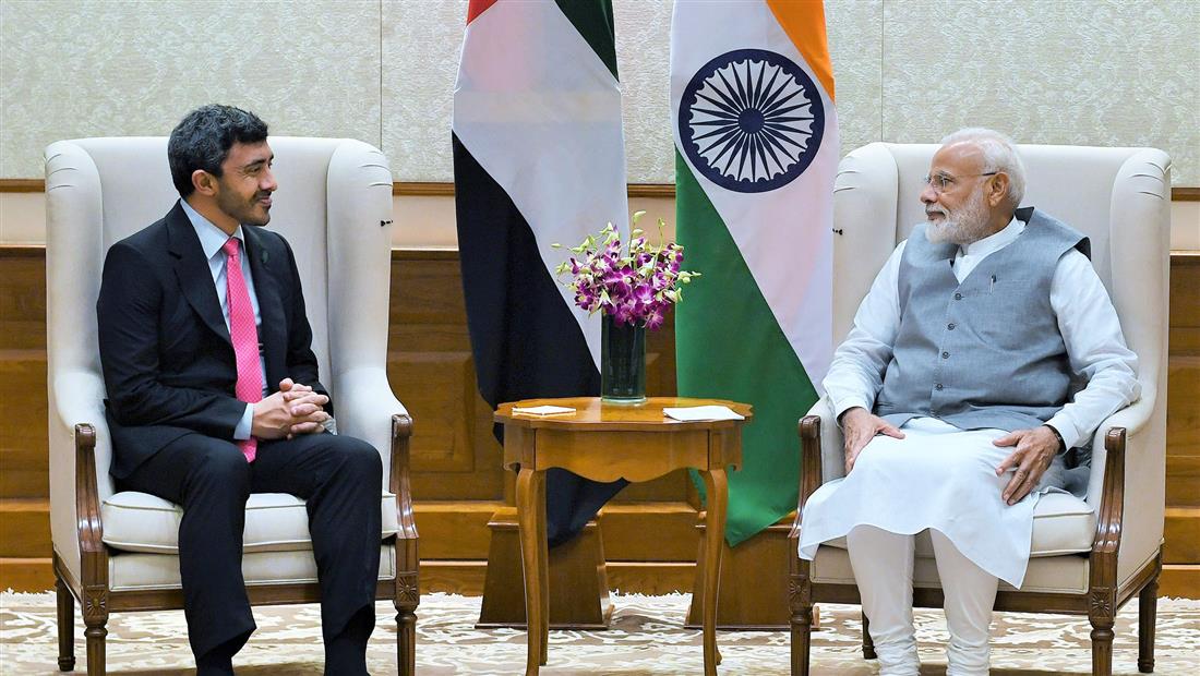 The Minister of Foreign Affairs and International Cooperation of UAE, Sheikh Abdullah Bin Zayed Al Nahyan meeting the Prime Minister, Shri Narendra Modi, in New Delhi on July 09, 2019.