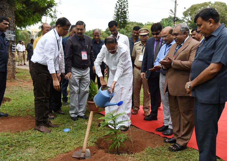 The Vice President, Shri M. Venkaiah Naidu planting a sapling at the foundation stone laying ceremony for Dr. S. Radhakrishnan auditorium at the Regional Institute of Education, Mysuru, in Mysuru, Karnataka on July 13, 2019.