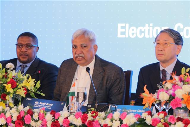 Shri. Sunil Arora, Chief Election Commissioner briefing the press on 4th A-WEB General Assembly and International Conference at Bengaluru today. 