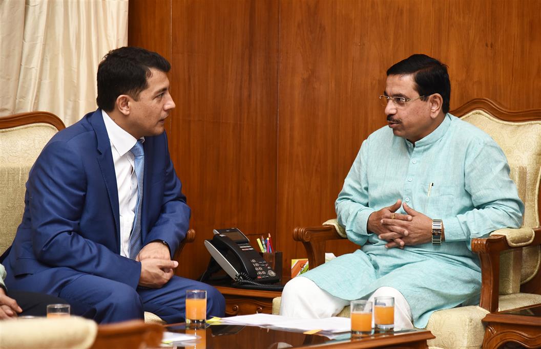 The Ambassador of Uzbekistan to India, Mr. Farhod Arziev calling on the Union Minister for Parliamentary Affairs, Coal and Mines, Shri Pralhad Joshi, in New Delhi on July 15, 2019.
