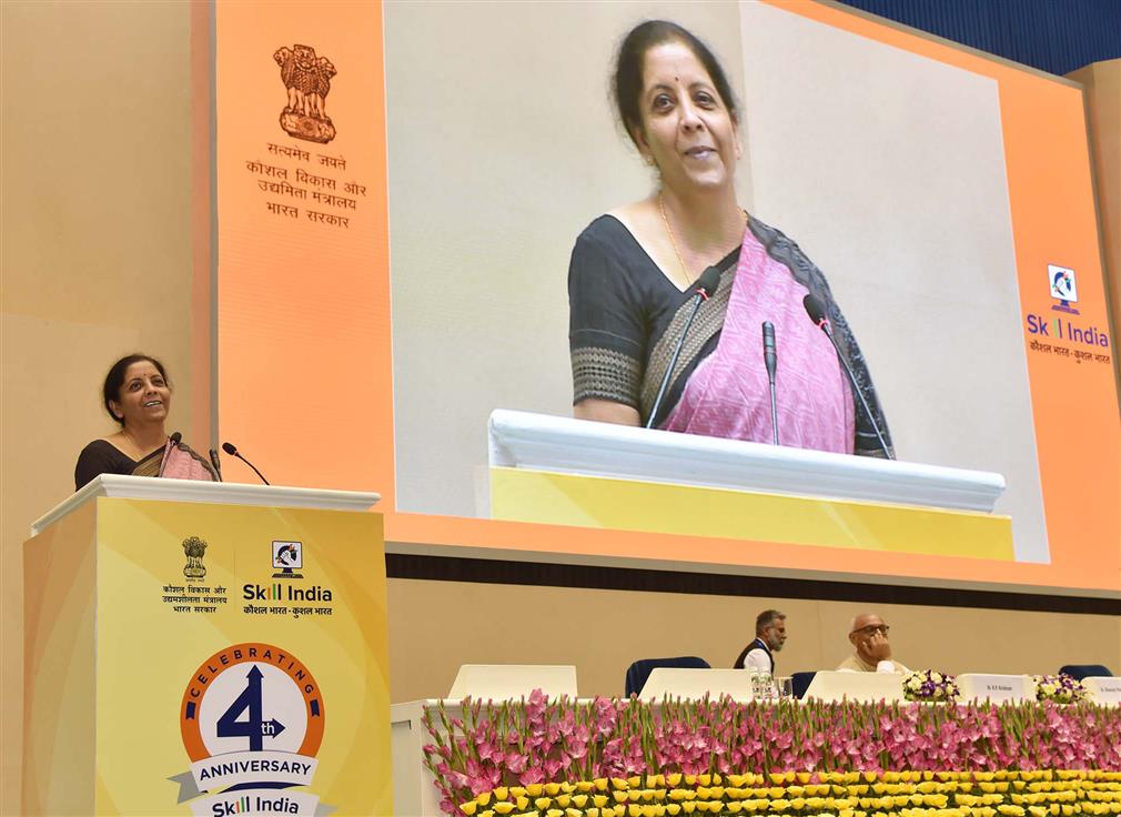 The Union Minister for Finance and Corporate Affairs, Smt. Nirmala Sitharaman addressing at the “World Youth Skills Day” and 4th Anniversary Celebrations of Skill India Mission, in New Delhi on July 15, 2019.