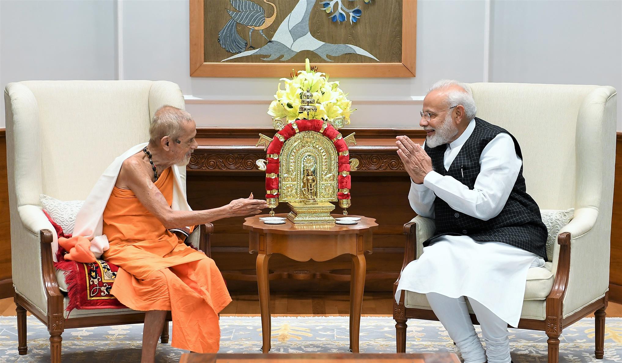 The Prime Minister, Shri Narendra Modi meeting Sri Vishvesha Teertha Swamiji of the Sri Pejawara Mutt, Udupi, in New Delhi on July 16, 2019.