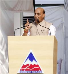 The Union Minister for Defence, Shri Rajnath Singh addressing at the inauguration of the Basantar Bridge, in Samba district, Jammu and Kashmir on July 20, 2019.
