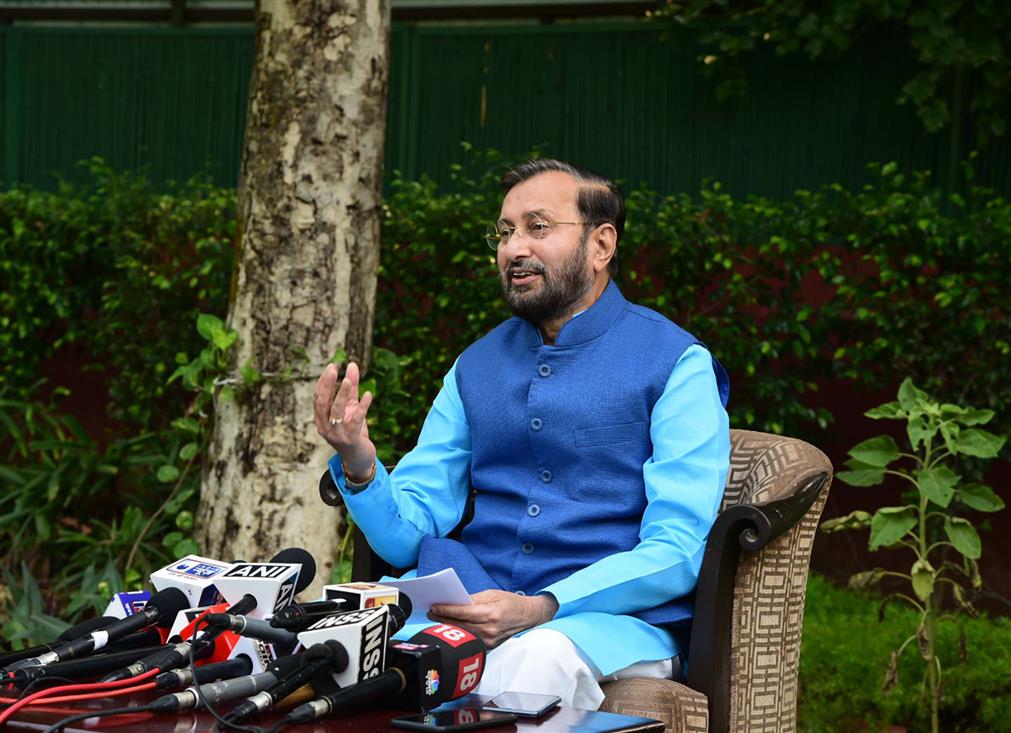 The Union Minister for Environment, Forest & Climate Change and Information & Broadcasting, Shri Prakash Javadekar presents a report card of the First Fifty Days of the Government, in New Delhi on July 22, 2019.