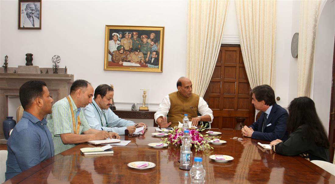 The Ambassador of Portugal to India, Mr. Carlos Pereira Marques calling on the Union Minister for Defence, Shri Rajnath Singh, in New Delhi on July 22, 2019.