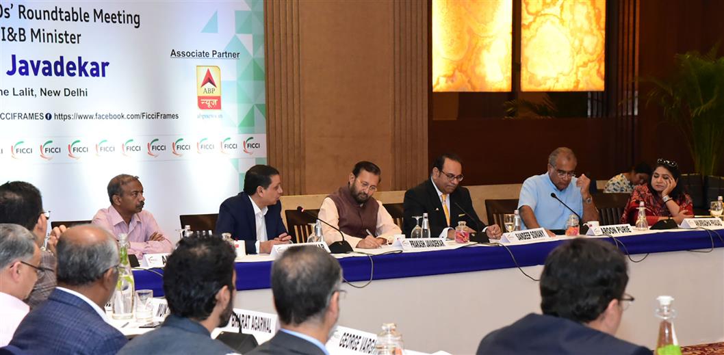 The Union Minister for Environment, Forest & Climate Change and Information & Broadcasting, Shri Prakash Javadekar at the round table meeting with the CEOs of Media and Entertainment sector, in New Delhi on July 23, 2019. The Secretary, Ministry of Information & Broadcasting, Shri Amit Khare and other dignitaries are also seen. 