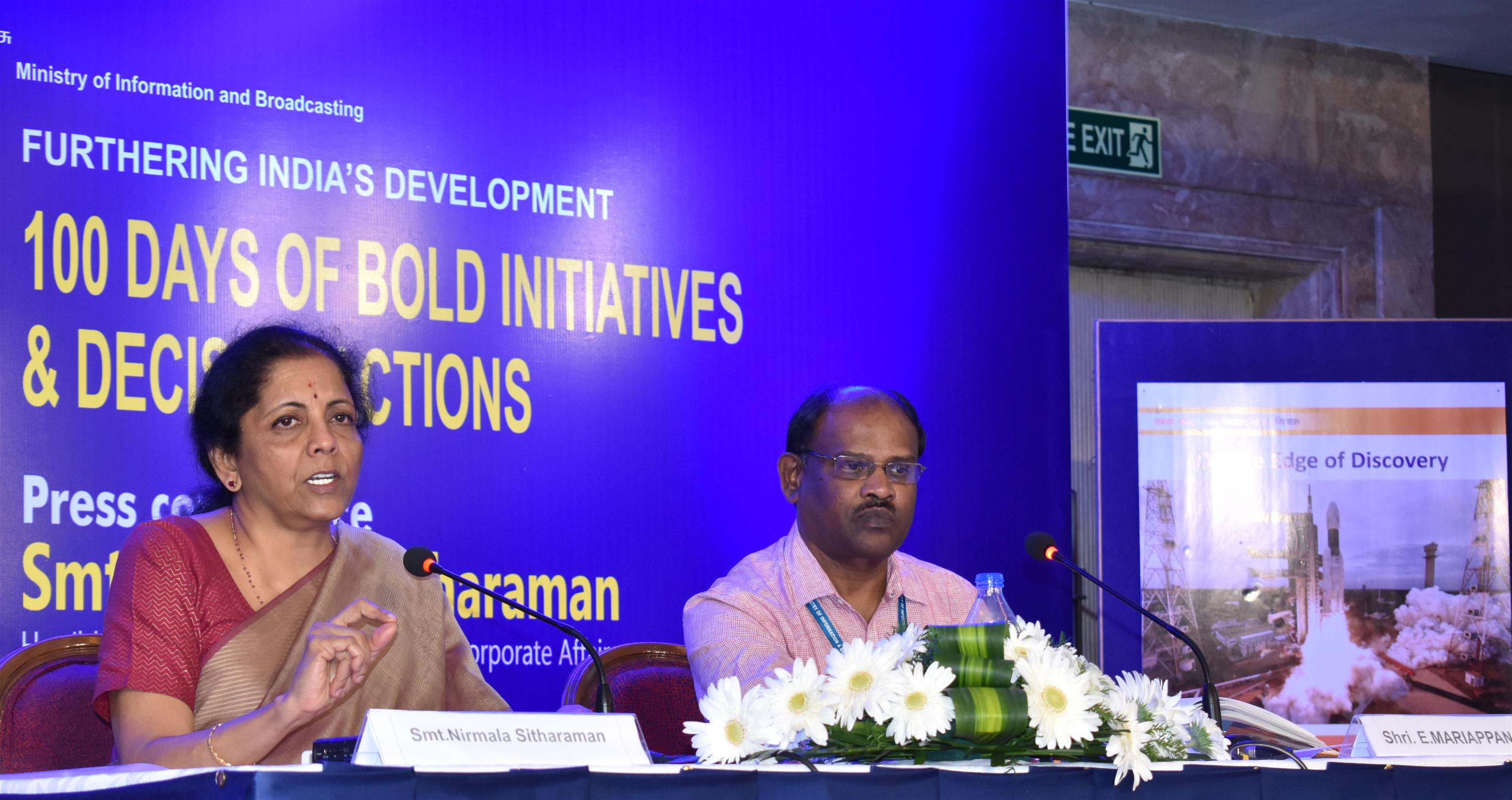 Smt. Nirmala Sitharaman, Union Minister for Finance and Corporate Affairs addressing the media on Furthering India’s Development - 100 Days of Bold Initiatives & Decisive Actions of the Government of India at Chennai today (10.09.2019)