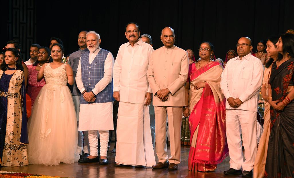 The President, Shri Ram Nath Kovind, the Vice President, Shri M. Venkaiah Naidu, the Prime Minister, Shri Narendra Modi and the Union Minister for Social Justice and Empowerment, Shri Thaawar Chand Gehlot at the Cultural Event “Divya Kala Shakti : Witnessing Ability in Disability”, organised by the DEPwD, Ministry of Social Justice & Empowerment, in New Delhi on July 23, 2019.