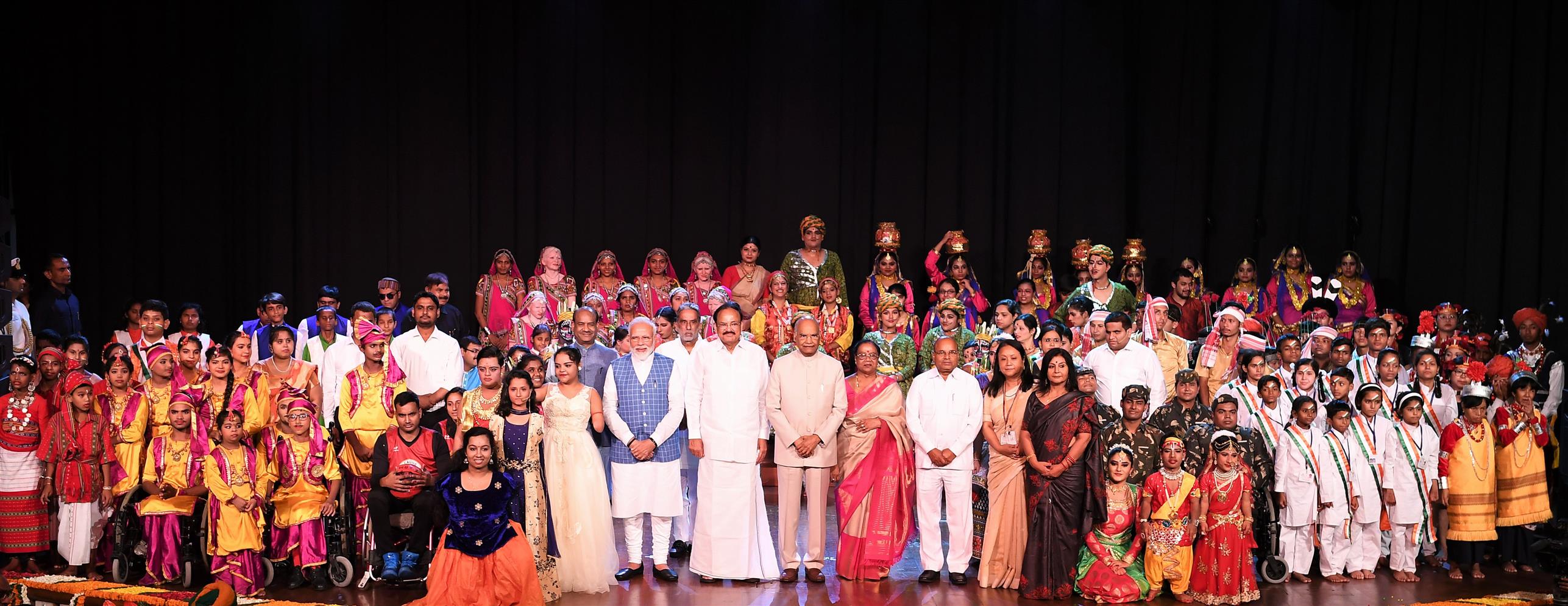 The President, Shri Ram Nath Kovind, the Vice President, Shri M. Venkaiah Naidu, the Prime Minister, Shri Narendra Modi and the Union Minister for Social Justice and Empowerment, Shri Thaawar Chand Gehlot at the Cultural Event “Divya Kala Shakti : Witnessing Ability in Disability”, organised by the DEPwD, Ministry of Social Justice & Empowerment, in New Delhi on July 23, 2019.