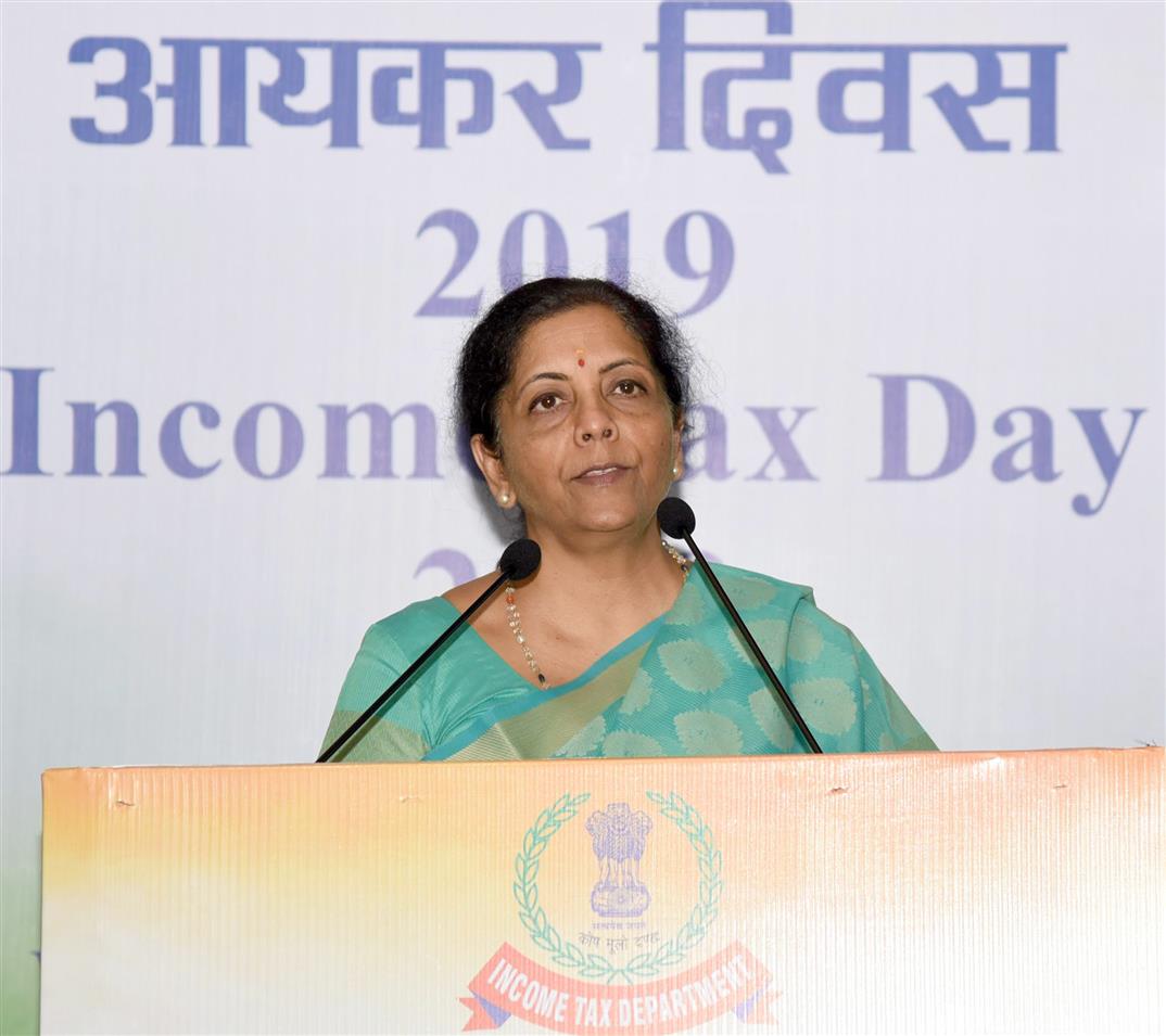 The Union Minister for Finance and Corporate Affairs, Smt. Nirmala Sitharaman addressing at the Income Tax Day Celebration 2019, in New Delhi on July 24, 2019.