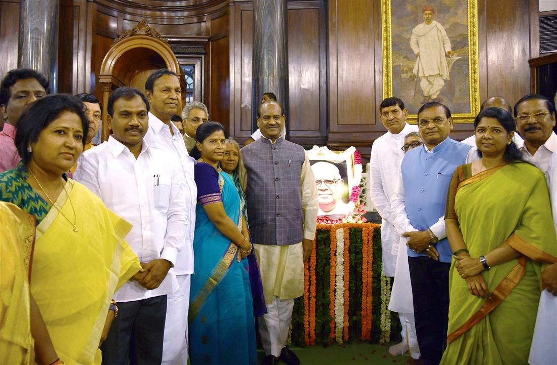 The Speaker, Lok Sabha, Shri Om Birla and other dignitaries paid tributes to the former Speaker, Lok Sabha, Shri Somnath Chatterjee, on his birth anniversary, at Parliament House, in New Delhi on July 25, 2019.