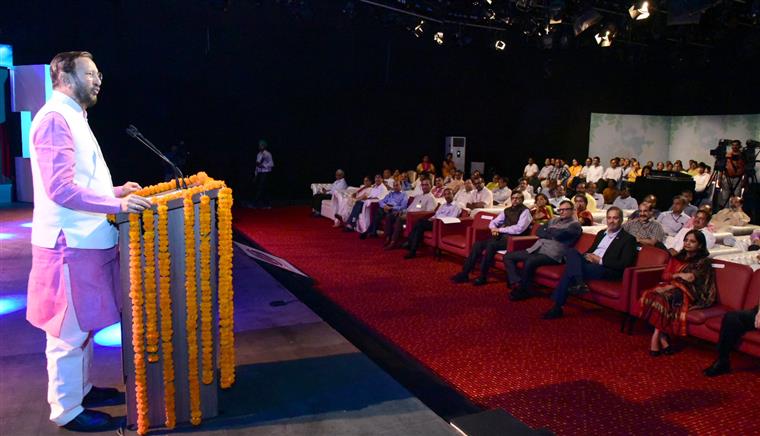 The Union Minister for Environment, Forest & Climate Change and Information & Broadcasting, Shri Prakash Javadekar addressing at the inauguration of the Video Walls in 8 DD Studios and Earth Station, at DD Kendra, in New Delhi on July 25, 2019.