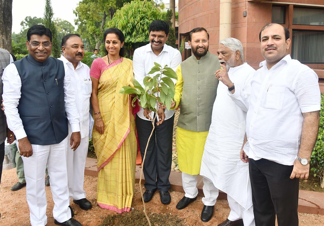 The Union Minister for Environment, Forest & Climate Change and Information & Broadcasting, Shri Prakash Javadekar planting the sapling at the tree plantation drive organised by the Lok Sabha Secretariat, at Parliament House Premises, in New Delhi on July 26, 2019.