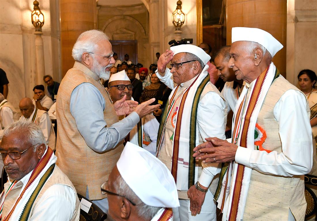 The Prime Minister, Shri Narendra Modi interacting with the Freedom Fighters, during the ‘At Home’ function, hosted by the President, Shri Ram Nath Kovind, on the occasion of 77th Anniversary of the Quit India Movement, at Rashtrapati Bhavan, in New Delhi on August 09, 2019.