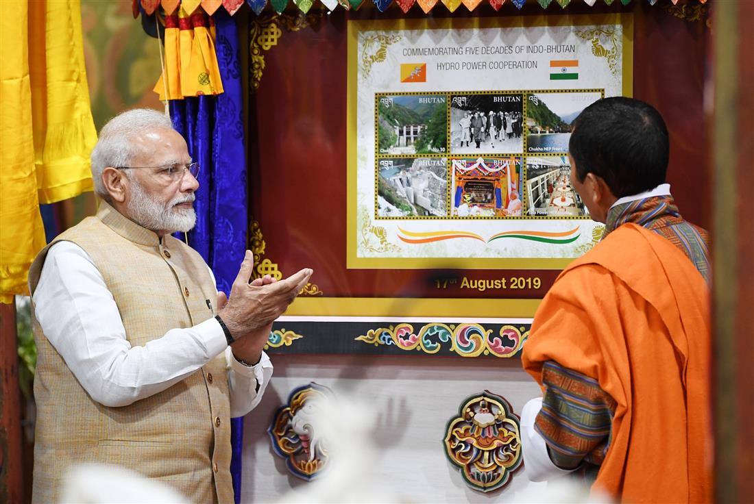 The Prime Minister, Shri Narendra Modi and the Prime Minister of Bhutan, Dr. Lotay Tshering jointly release the stamps, celebrating the golden ‘Five Decades of Indo-Bhutan Hydropower Cooperation’, in Bhutan on August 17, 2019.