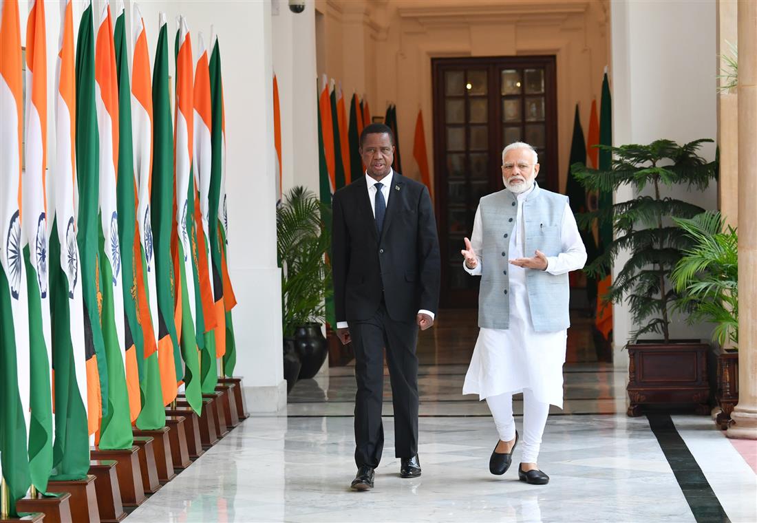 The Prime Minister, Shri Narendra Modi with the President of the Republic of Zambia, Mr. Edgar Chagwa Lungu, at Hyderabad House, in New Delhi on August 21, 2019.