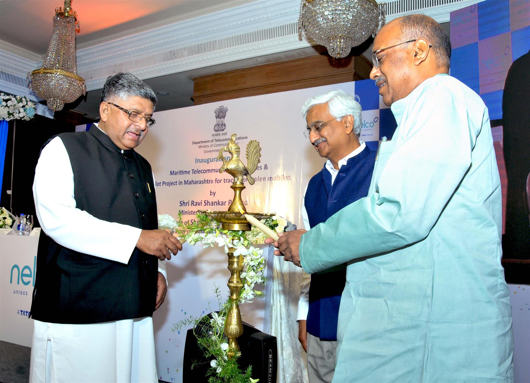 Union Minister for IT and Communication, Law and Justice and Electronics Shri Ravi Shankar Prasad lighting the lamp to inaugurate Maritime Telecommunication Service & Pilot Project in Maharashtra for Tracing stolen mobiles in Mumbai on September 13, 2019. MoS for Communication Shri Sanjay Shamrao Dhotre also present.