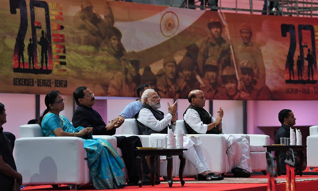The Prime Minister, Shri Narendra Modi at a programme to mark Kargil Vijay Diwas, in New Delhi on July 27, 2019. The Union Minister for Defence, Shri Rajnath Singh and the Minister of State for AYUSH (Independent Charge) and Defence, Shri Shripad Yesso Naik are also seen. 