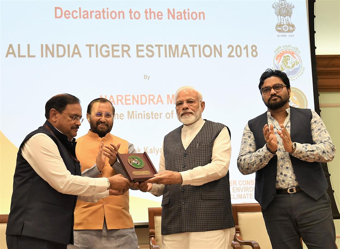 The Prime Minister, Shri Narendra Modi at the release of the results of 4th cycle of All India Tiger Estimation – 2018, on the occasion of the Global Tiger Day, in New Delhi on July 29, 2019. The Union Minister for Environment, Forest & Climate Change and Information & Broadcasting, Shri Prakash Javadekar, the Minister of State for Environment, Forest and Climate Change, Shri Babul Supriyo and the Secretary, Ministry of Environment, Forest and Climate Change, Shri C.K. Mishra are also seen. 