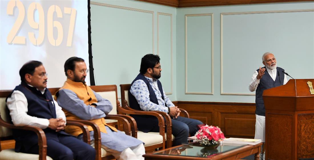 The Prime Minister, Shri Narendra Modi addressing at the release of the results of 4th cycle of All India Tiger Estimation – 2018, on the occasion of the Global Tiger Day, in New Delhi on July 29, 2019. The Union Minister for Environment, Forest & Climate Change and Information & Broadcasting, Shri Prakash Javadekar, the Minister of State for Environment, Forest and Climate Change, Shri Babul Supriyo and the Secretary, Ministry of Environment, Forest and Climate Change, Shri C.K. Mishra are also seen. 