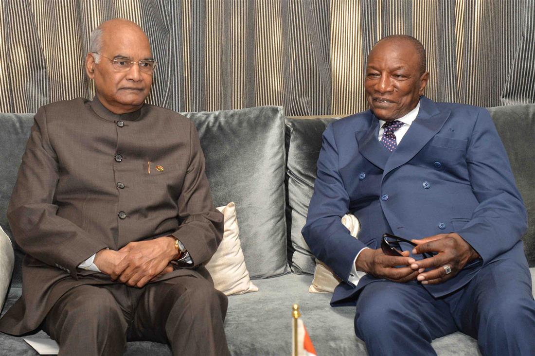 The President, Shri Ram Nath Kovind in a conversation with the President of the Republic of Guinea, Mr. Alpha Conde at the Ceremonial Lounge in Conakry International Airport, Conakry in the Republic of Guinea on August 01, 2019.