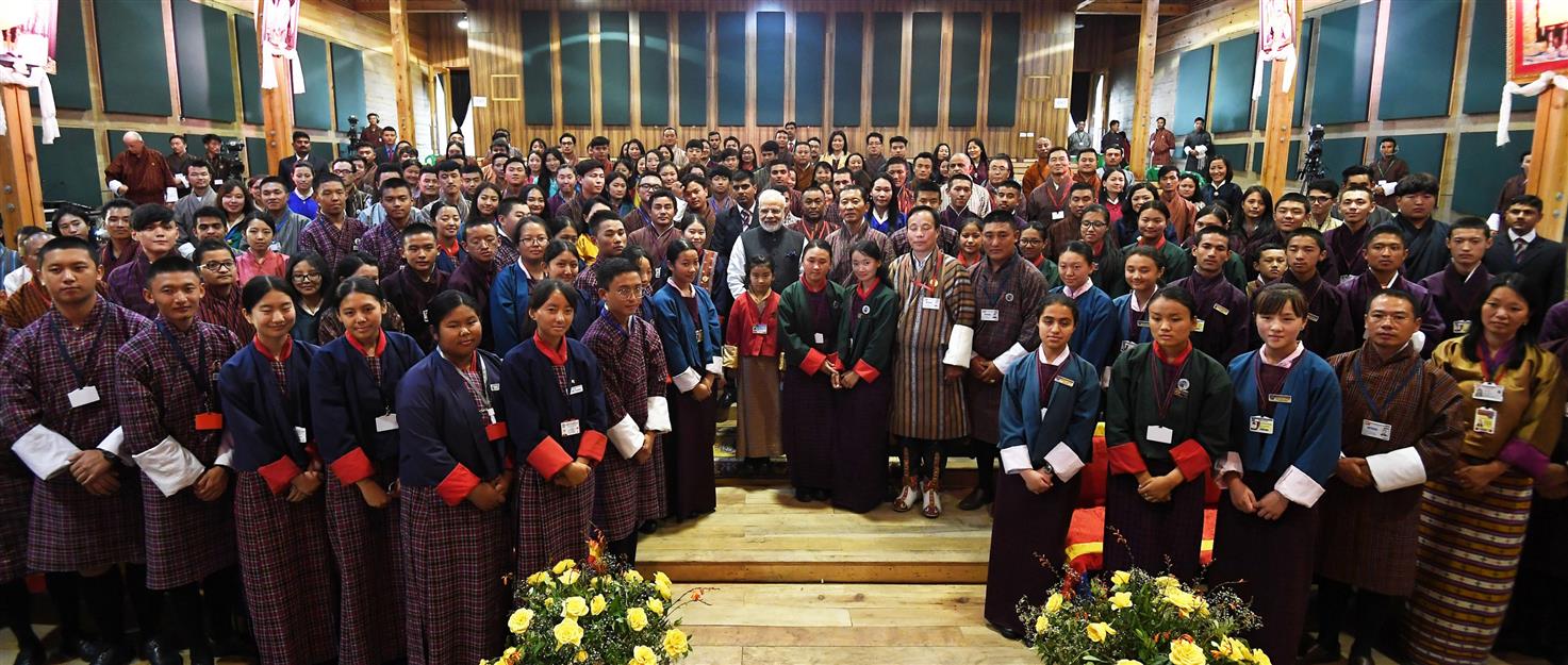 The Prime Minister, Shri Narendra Modi with the dignitaries and students at the Royal University of Bhutan, in Bhutan on August 18, 2019.