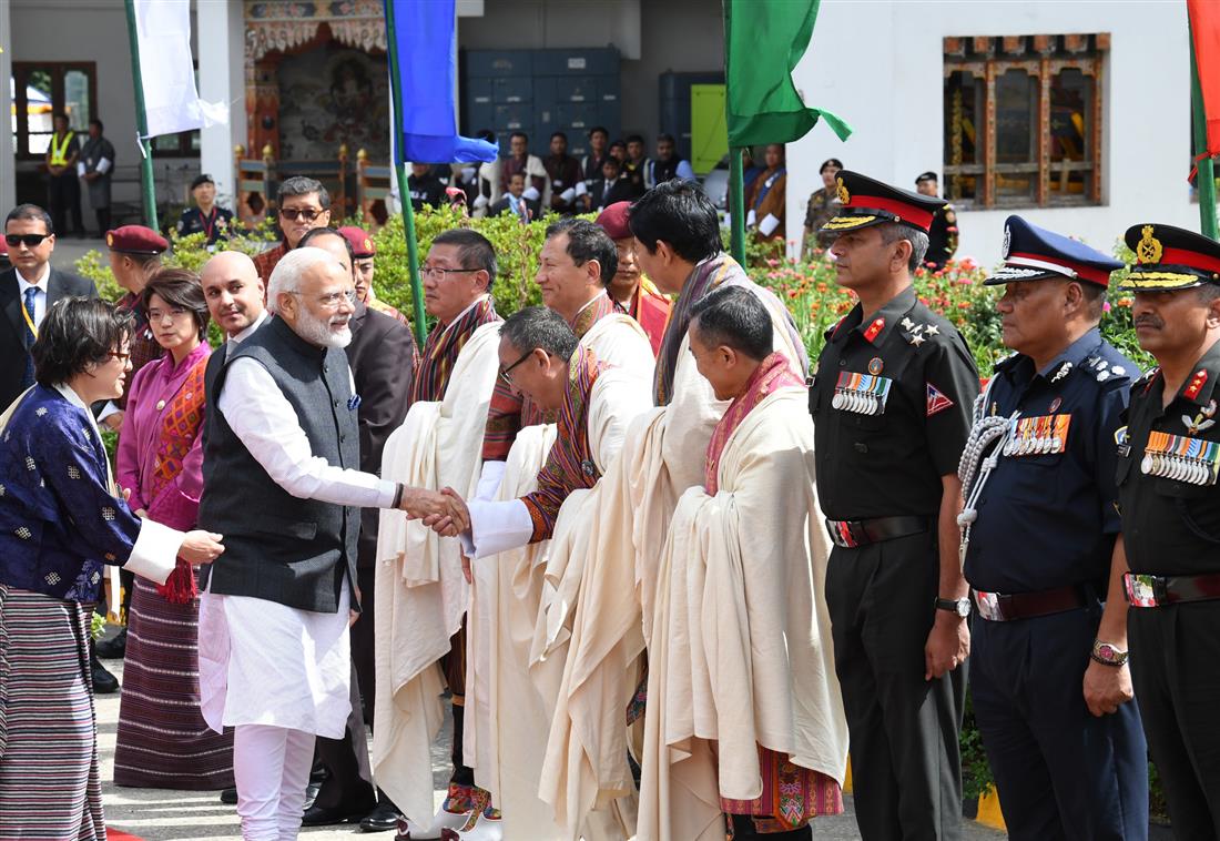 The Prime Minister, Shri Narendra Modi being greeted by dignitaries, as he emplanes for Delhi after concluding the two-day Bhutan visit, on August 18, 2019.