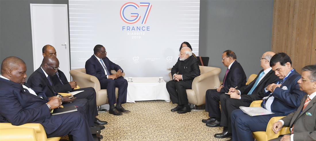 The Prime Minister, Shri Narendra Modi meeting the President of the Republic of Senegal, Mr. Macky Sall, on the sidelines of the G7 Summit, in Biarritz, France on August 26, 2019. 