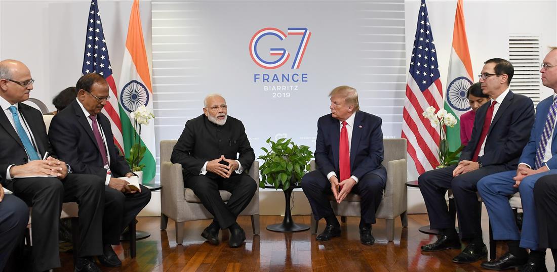 The Prime Minister, Shri Narendra Modi meeting the President of United States of America (USA), Mr. Donald Trump, on the sidelines of the G7 Summit, in Biarritz, France on August 26, 2019.