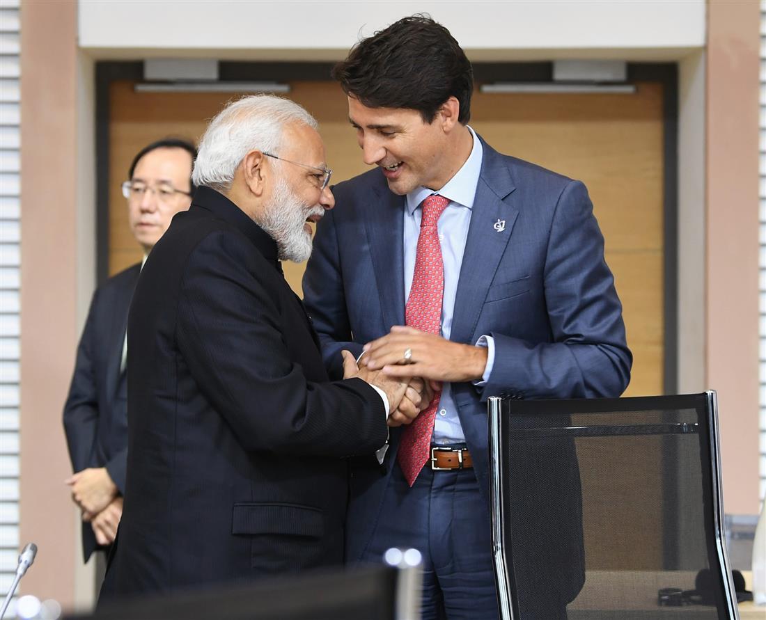 The Prime Minister, Shri Narendra Modi interacting with the other Leaders, at the G7 Summit, in Biarritz, France on August 26, 2019.