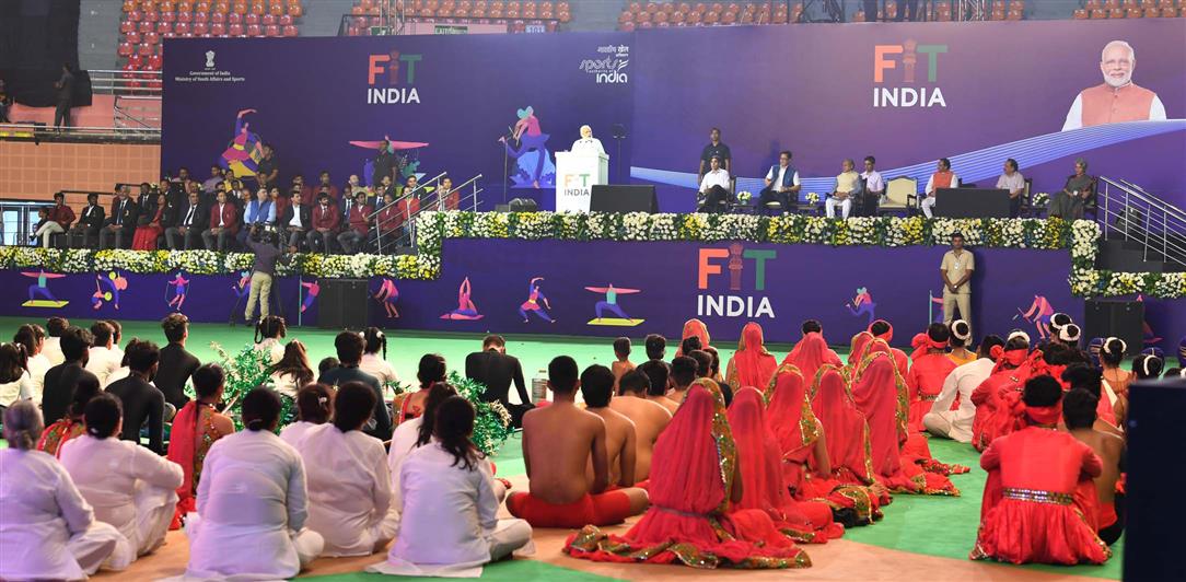 The Prime Minister, Shri Narendra Modi addressing the gathering at the launch of the ‘Fit India Movement’, on the occasion of the National Sports Day, at the Indira Gandhi Indoor stadium, in New Delhi on August 29, 2019.
