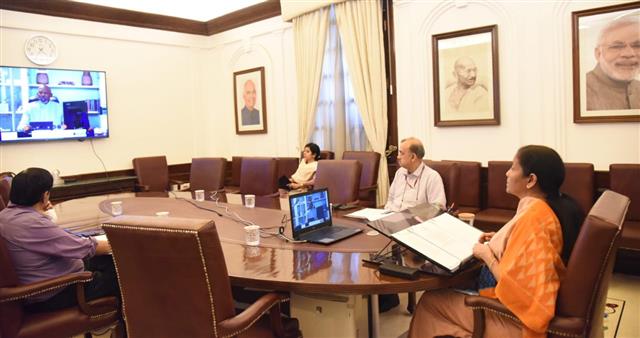 The Union Minister for Finance and Corporate Affairs, Smt. Nirmala Sitharaman attends the Plenary Meeting of the International Monetary and Financial Committee, the Ministerial-level committee of the International Monetary Fund (IMF) through video conference, in New Delhi on April 16, 2020.