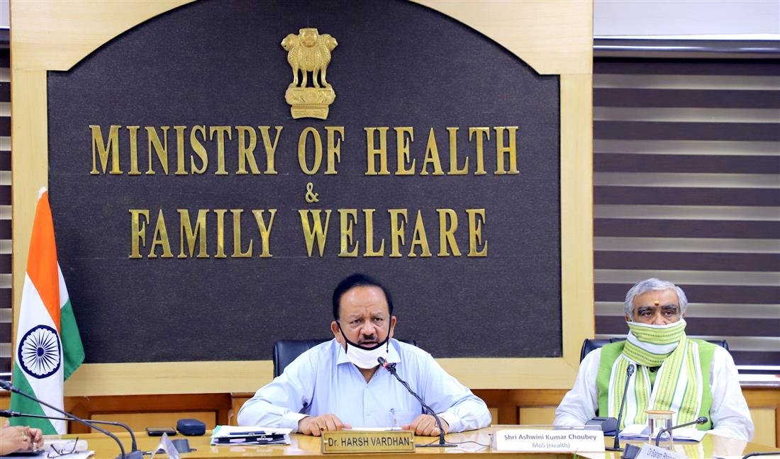 The Union Minister for Health & Family Welfare, Science & Technology and Earth Sciences, Dr. Harsh Vardhan chairing a high level review meeting with the State Health Ministers and Health Secretaries regarding the steps taken on COVID-19 through video conference, in New Delhi on April 24, 2020. 
The Minister of State for Health and Family Welfare, Shri Ashwini Kumar Choubey is also seen.
