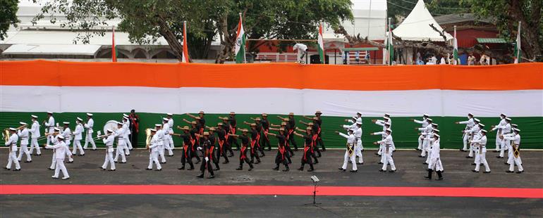 Tri-Service marching contingent during the 74th Independence Day Celebrations at the Red Fort, in Delhi on August 15, 2020.