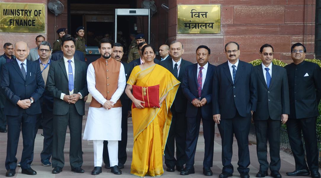 The Union Minister for Finance and Corporate Affairs, Smt. Nirmala Sitharaman departs from North Block to Rashtrapati Bhavan and Parliament House, along with the Minister of State for Finance and Corporate Affairs, Shri Anurag Singh Thakur and the senior officials to present the General Budget 2020-21, in New Delhi on February 01, 2020.